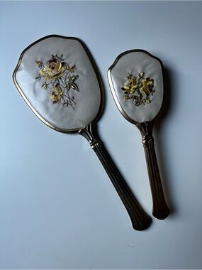 Vintage Vanity Set / Hand Mirror Set with Yellow Floral Embroidery
